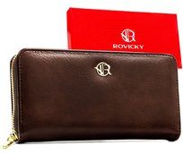 Brązowy portfel damski ROVICKY duży na suwak typu piórnik modny Rovicky