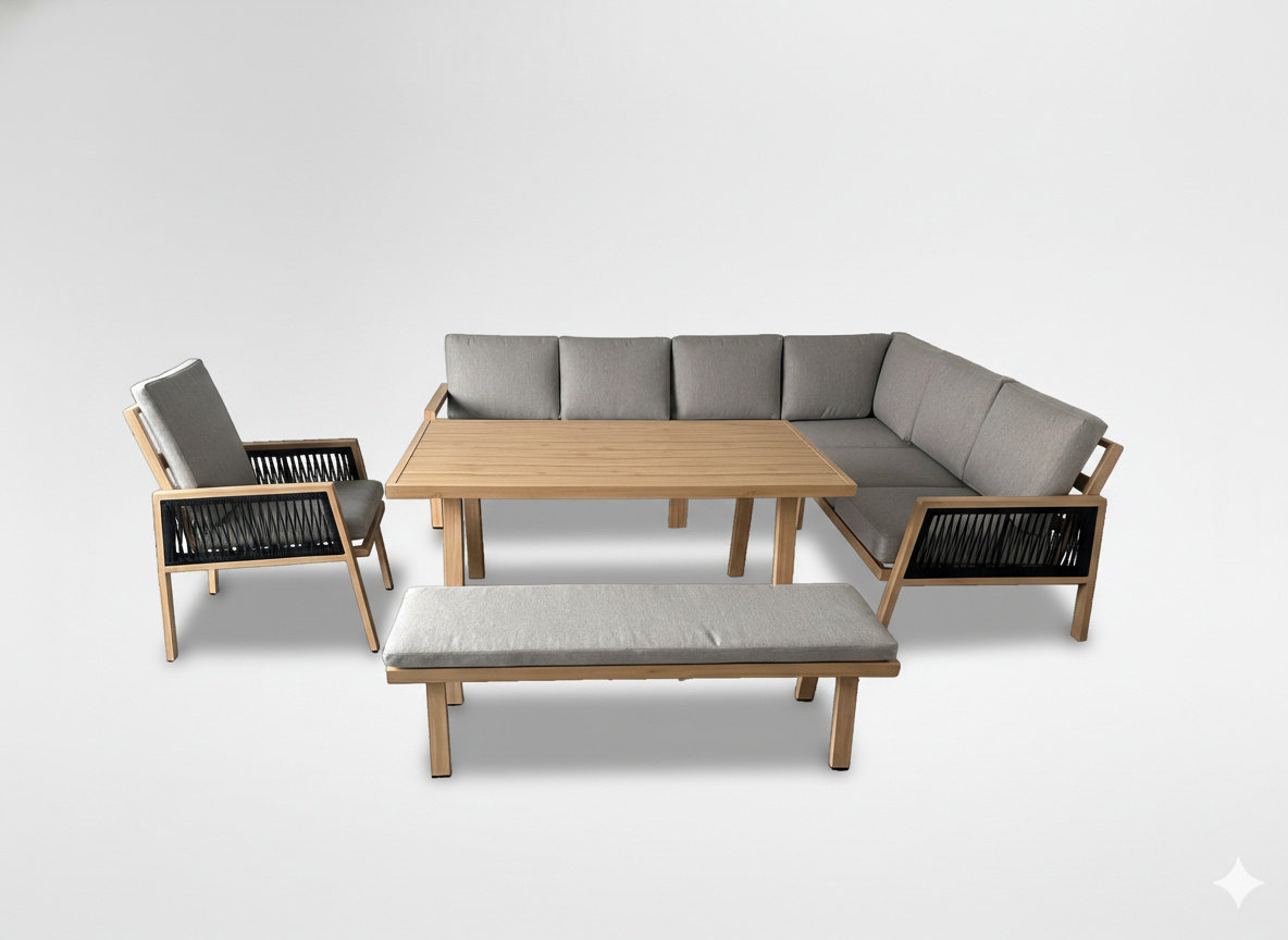 Brązowy Szary Narożny Zestaw Mebli Aluminiowych Sofa Ławka Stolik Fotel