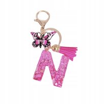 Brelok z literą N - brokatowy, motyl, frędzel