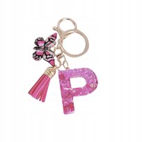 Brelok z literą P - brokatowy, motyl, frędzel