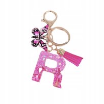 Brelok z literą R - brokatowy, motyl, frędzel