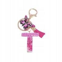 Brelok z literą T - brokatowy, motyl, frędzel