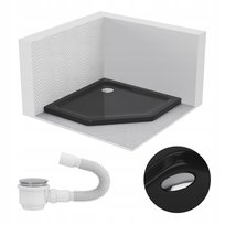 BRODZIK PRYSZNICOWY PIĘCIOKĄTNY 90x90 SLIM NISKI 5 CM CZARNY BLACK SYFON