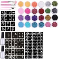 Brokatowe tatuaże zmywalne DUŻY ZESTAW z szablonami 120 wzorów 24 brokaty