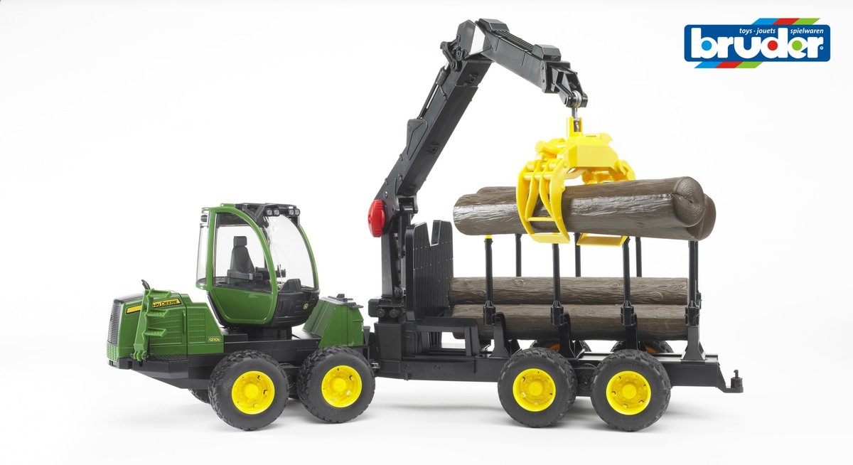 Bruder, Ładowacz John Deere 1210E z chwytakiem i 4 pniami drzewa, 02133