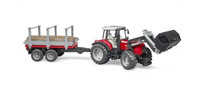 Bruder, Traktor Massey Ferguson 7480 z ładowaczem czołowym, przyczepą do drzewa, 02046