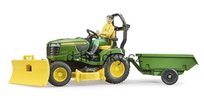 Bruder, Traktorek John Deere z kosiarką, łyżką przyczepką i figurką ogrodnika, 062104