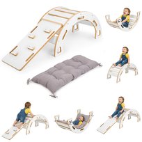 Bujak Montessori M biały dla dzieci + zjeżdżalnia ze ścianką wspinaczkową + szara poduszka 5w1 Bujak, Mostek, Zjeżdżalnia, Ścianka Wspinaczkowa, Leżaczek