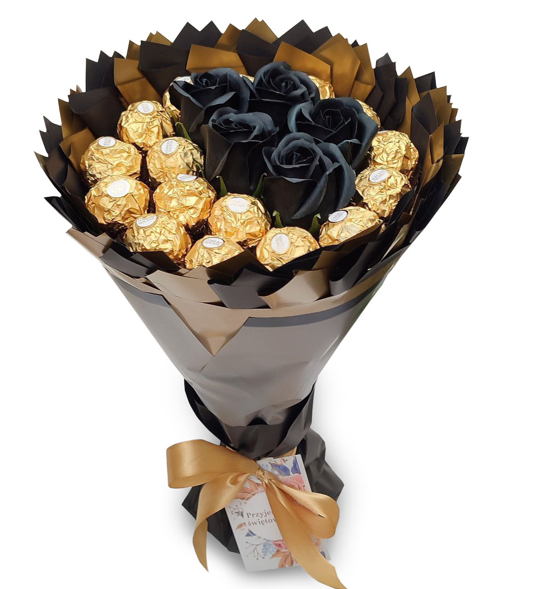 Ferrero Rocher Roz Bukiet Słodkości czarny i złoty ze słodyczy Ferrero Rocher i 5 ...