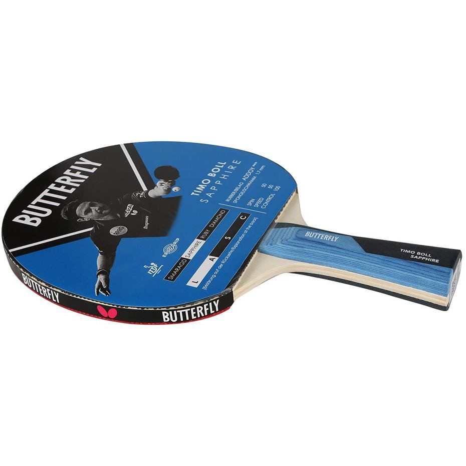 Butterfly Timo Boll Sapphire tafeltennisbatje, ITTF-gecertificeerde addoy- coating voor wedstrijden, met 1,7 mm spons, voor ambitieuze hobbyspelers, zwart/blauw