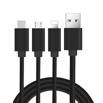 Cadorabo 3 w 1 Nylonowy kabel ładujący 2m długi w Czarny - Kabel USB do wielokrotnego ładowania - Multi- USB-C, Lightning, Micro USB - Cadorabo