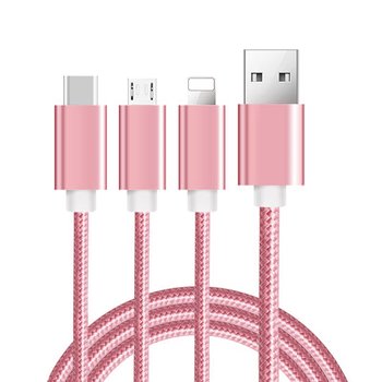 Cadorabo 3 w 1 Nylonowy kabel ładujący 2m długi w Różowe Złoto - Kabel USB do wielokrotnego ładowania - Multi- USB-C, Lightning, Micro USB - Cadorabo