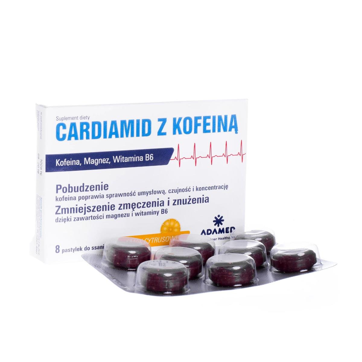 Фото - Вітаміни й мінерали Cardiamid z kofeiną - 8 pastylek do ssania o smaku cytrusowym Suplement di