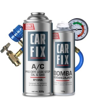 CARFIX 5w1 - ZESTAW DO KLIMY CZYNNIK CHŁODNICZY R134a + PRZEWÓD + ODŚWIEŻACZ DO AUTA - CarFix
