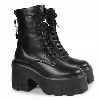 Carinii B9923-E50 Czarne Botki Workery Damskie Klocek Platforma Modne - Carinii