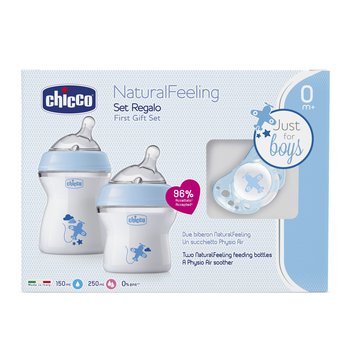 Chicco, Natural feeling, Zestaw do karmienia: Butelka, 150 ml, 0m+; Butelka, 250 ml, 2m+; Smoczek PhysioForma Air, 0m+, Niebieski - Chicco