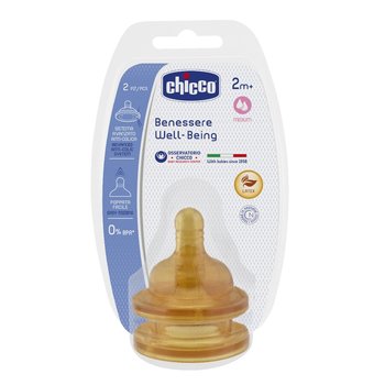 Chicco, Well Being, Smoczek do butelki, kauczukowy, przepływ średni, 2m+, 2 szt. - Chicco