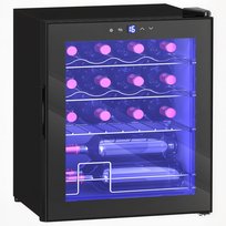 Chłodziarka do wina HOMCOM Compressor, 16 butelek, 42-litrowa chłodziarka do napojów, chłodziarka do butelek 5-18°C z regulowaną półką, ekran dotykowy, szklane drzwi, oświetlenie LED, kolor czarny