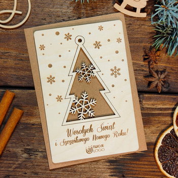 Choinkowa zawieszka - drewniana grawerowana kartka świąteczna z logo - Inna marka