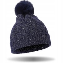 CIEPŁA CZAPKA DAMSKA JESIENNA ZIMOWA Z POMPONEM BŁYSZCZĄCE KRYSZTAŁKI MORAJ NAVY