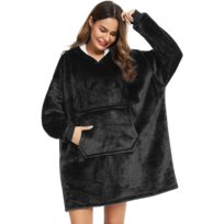 Ciepły Koc Z Rękawami I Kapturem Bluza Oversize 2W1 Narzuta Futrzak Czarny