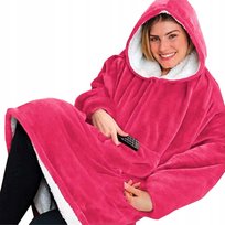 Ciepły Koc Z Rękawami I Kapturem Bluza Oversize 2W1 Narzuta Futrzak Róż