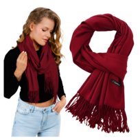 Ciepły Szalik Bordowy Duży Kaszmirowy Gładki Szal z Frędzlami Klasyczny