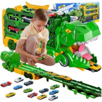Ciężarówka Garaż TRANSPORTER + TOR WYŚCIGOWY Z WYRZUTNIĄ XXL zestaw 12 samochodzików Dinozaur