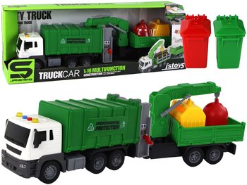 Ciężarówka Śmieciarka Dźwig Przyczepa Napęd Frykcyjny Dźwięki Zielona 1:16 - Lean Toys