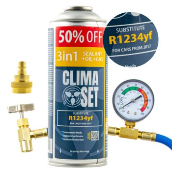 ClimaSet czynnik R1234YF 3w1 235g, przewód z manometrem, adapter - Inny producent