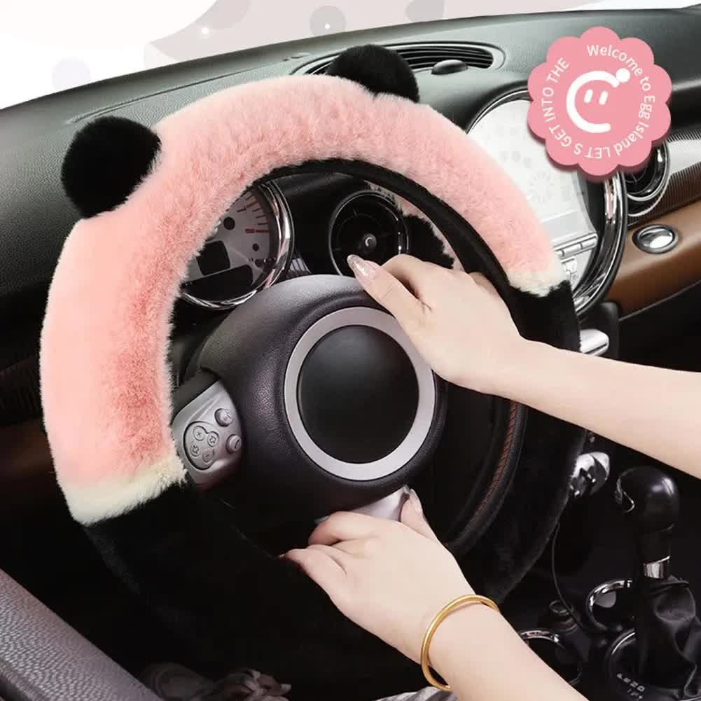 Couvre Volant Fluffy, Housse De Volant En Fourrure Pour Femme, Protection Volant Respirant Et Antidérapant, Fuzzy Cache De Volant Universelle 35-38cm, Accessoire Voiture (Noir Rose