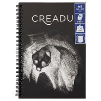 CREADU, Szkicownik A5, 36 czarnych kartek, 120g, okładka czarna panda, spirala z lewej strony
