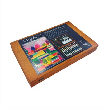 Creadu, Zestaw farb akrylowych z pędzlami, ołówkami i plastikową paletką w drewnianej walizce, 34 elementy - Creadu