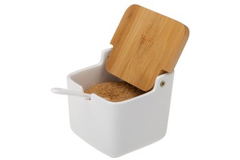 Cukiernica kwadratowa z pokrywką i łyżeczką RONNIE biała z bambusem - Galicja