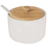 Cukierniczka WHITELINE ORION - 240 ml biała porcelana z bambusową pokrywką i łyżeczką pojemnik na cukier do kuchni zmywarka klasyczna