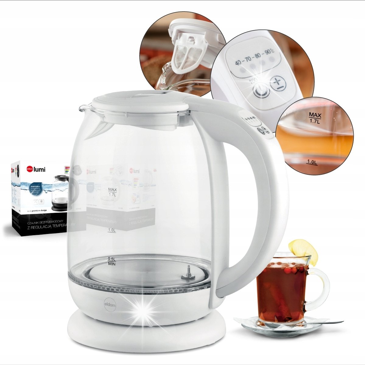 inna (Inny) CZAJNIK elektryczny SZKLANY REGULACJA TEMPERATURY LUMI 1,7L 2200W ELDOM