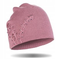 Czapka Damska Dzianinowa Z Kryształkami Jesienna Zimowa Ciepła Gruba Moraj Pink
