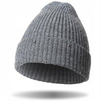 Czapka Damska Zimowa Jesienna Ciepła Gruba Beanie Prążkowana Modna Moraj Grey