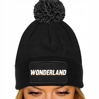 CZAPKA POMPON Bawełniana ZIMOWA CZARNA Motywacyjne WONDERLAND Wzory