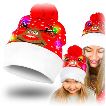 Czapka świąteczna świecąca LED z pomponem zimowa - renifer - Zolta