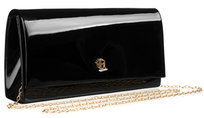 Czarna elegancka lakierowana kopertówka ze złotym odpinanym łańcuszkiem ROVICKY skóra ekologiczna wieczorowa torebka damska do ręki lub na ramię magnetyczne zapięcie