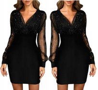 Czarna Sukienka Damska Mini Elegancka Modna Kopertowa Długi Rękaw Cekiny Xl