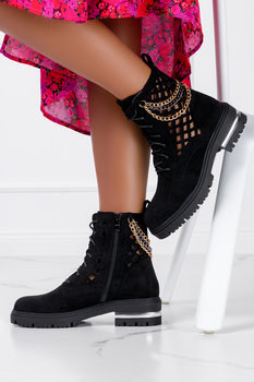 Czarne botki ażurowe na platformie damskie z łańcuszkiem sznurowane Casu G22X7-B-38 - Casu