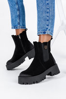 Czarne botki skórzane damskie na platformie z gumką złota ozdoba PRODUKT POLSKI Casu 60453-40