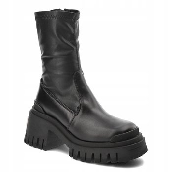 Czarne Botki Workery Carinii B10021 Klocek Platforma Skóra Modne - Carinii