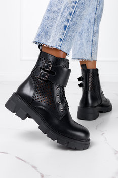 Czarne botki workery damskie ażurowe z klamrami na platformie sznurowane Casu G22X5-B-36 - Casu