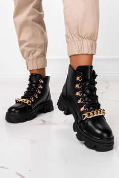 Czarne botki workery damskie ze złotym łańcuchem sznurowane Casu G22WX2-B-39 - Casu