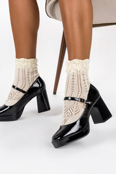 Czarne czółenka na klocku lakierowane damskie z paskiem na cholewce ozdoba Casu ER23WX13-BP-38 - Casu