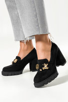 Czarne mokasyny damskie półbuty na słupku ze złotym misiem Casu MD7573-5-40