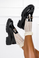 Czarne mokasyny lakierowane na platformie damskie ze złotą sprzączką Casu G23WX1-B-41